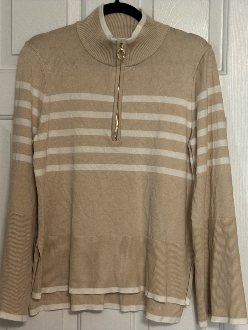 Women’s Beige & White Striped Half-Zip Sweater